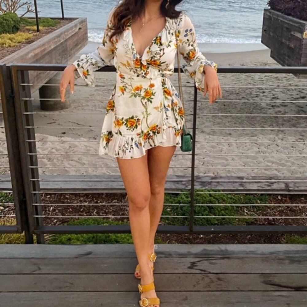 Anthropologie Raga Boho Floral Cottage Fairy Ruffle Feminine Beach Wrap Dress M - Picture 2 of 10